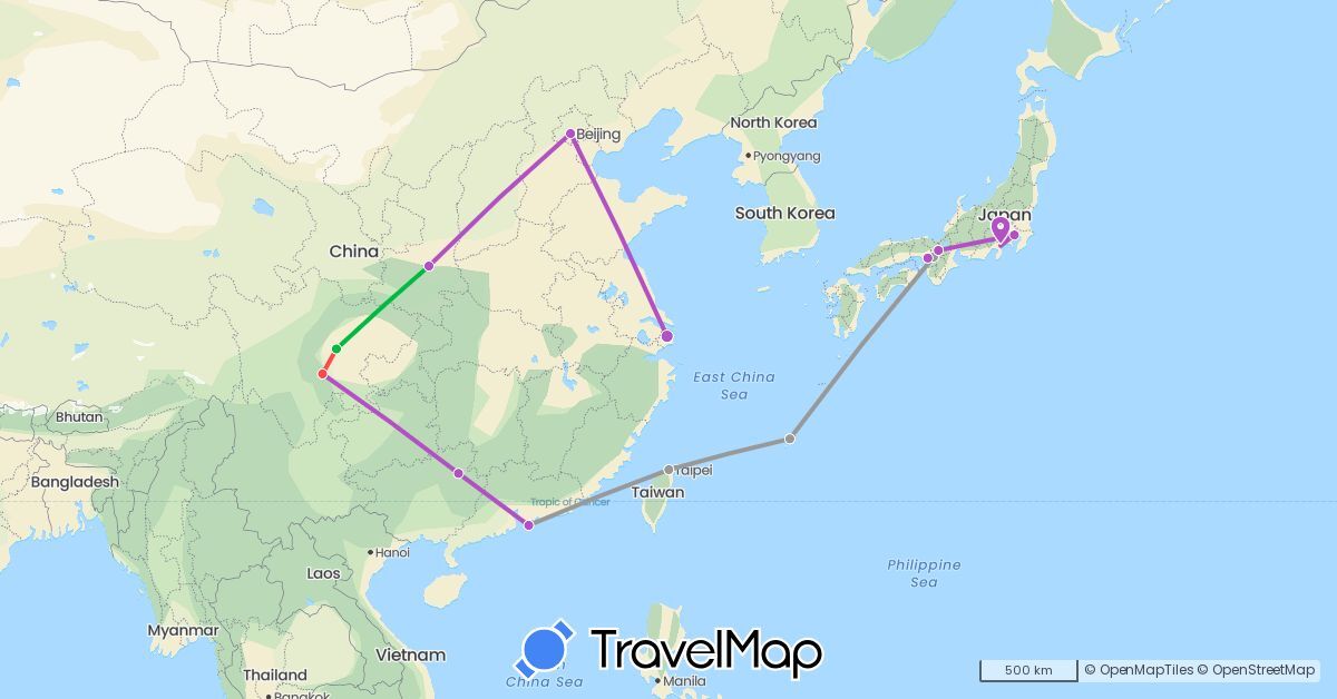TravelMap itinerary: driving, bus, plane, train, hiking in China, Japan, Taiwan (Asia)